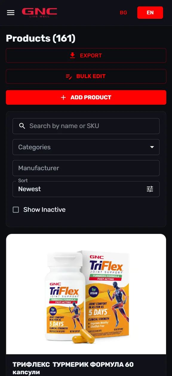Spyke Commerce admin panel — mobile view